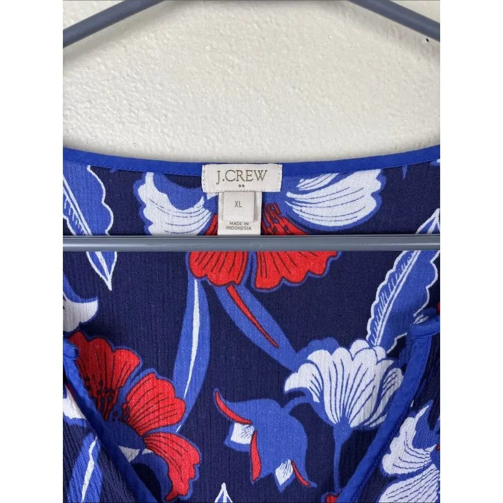 J.Crew V-Neck Tunic Top XL Blue Red White 3/4 Sleeve Cotton Swim Patriotic